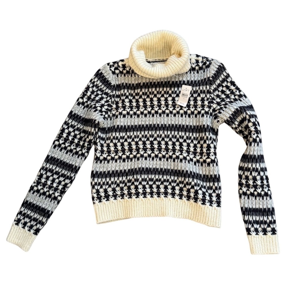 LOFT Womens Black White Fair Isle Wool Alpaca Turtleneck Sweater Medium NWT